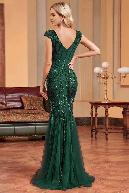 Dress Mermaid Tulle Dark Green V Neck Maxi Dress Prom Dress Sequins Cap Sleeve Evening Dress