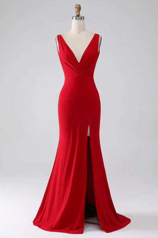 Dress Mermaid V-Neck Red Party Dress Maxi Dress V Back With Slit Prom Dress
