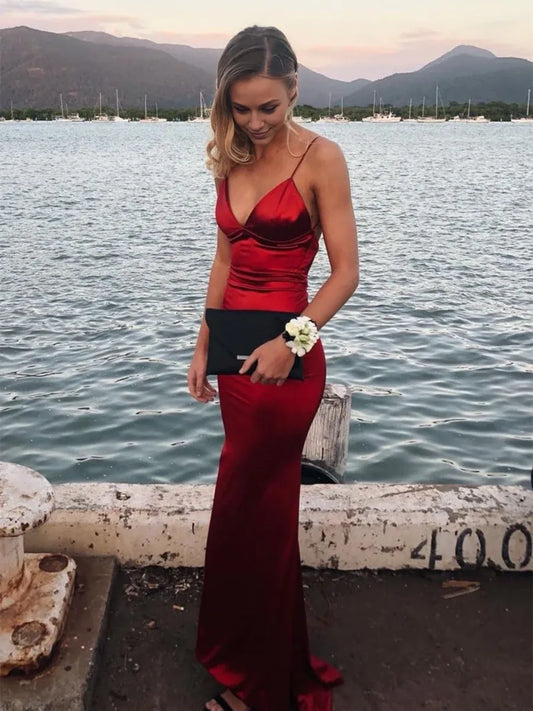 Dress Mermaid V Neck Backless Satin Long Prom Dresses Open Back Formal Evening Gowns