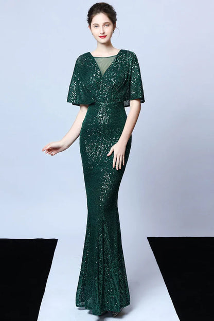 Dress Mermaid V Neck Dark Green Sequins Long Party Dress With Short Sleeves Prom Dress