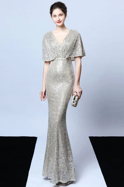 Dress Mermaid V Neck Dark Green Sequins Long Party Dress With Short Sleeves Prom Dress