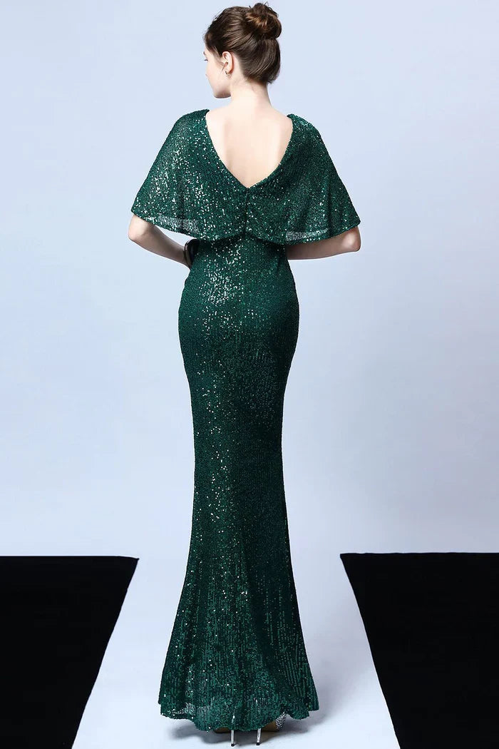 Dress Mermaid V Neck Dark Green Sequins Long Party Dress With Short Sleeves Prom Dress