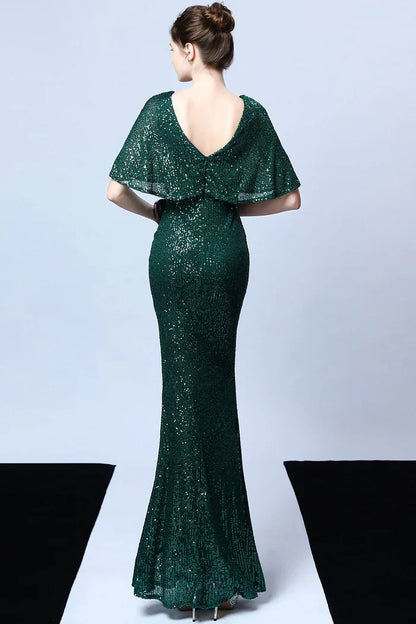 Dress Mermaid V Neck Dark Green Sequins Long Party Dress With Short Sleeves Prom Dress