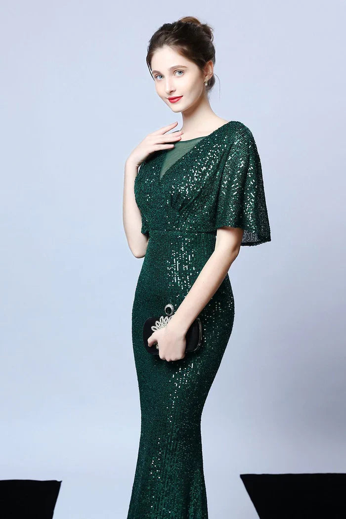 Dress Mermaid V Neck Dark Green Sequins Long Party Dress With Short Sleeves Prom Dress