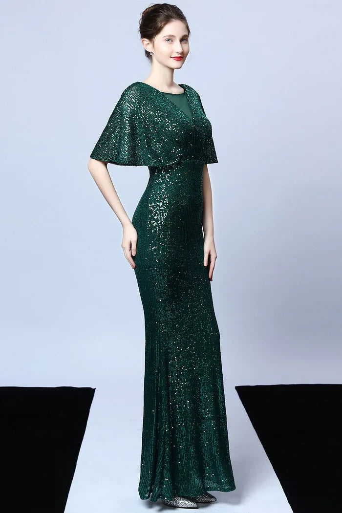 Dress Mermaid V Neck Dark Green Sequins Long Party Dress With Short Sleeves Prom Dress
