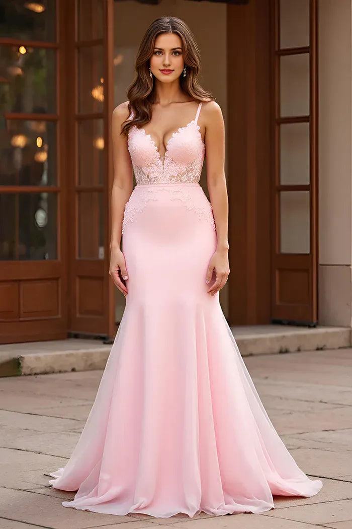 Dress Mermaid V Neck Pink Spaghetti Straps Sleeveless Prom Dress With Appliques