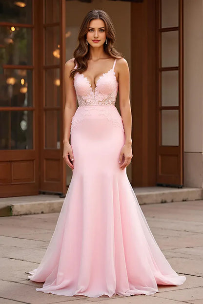 Dress Mermaid V Neck Pink Spaghetti Straps Sleeveless Prom Dress With Appliques