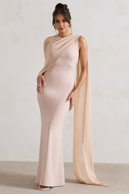Dress Mesh Patchwork Asymmetrical Caped Sleeve Bodycon Elegant Gowns Maxi Prom Dresses Black