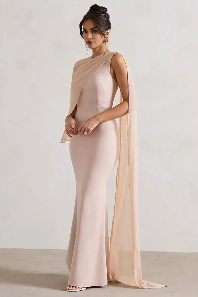 Dress Mesh Patchwork Asymmetrical Caped Sleeve Bodycon Elegant Gowns Maxi Prom Dresses Black