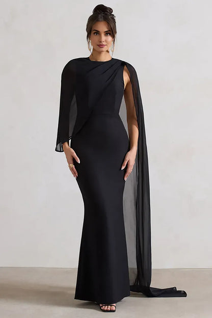 Dress Mesh Patchwork Asymmetrical Caped Sleeve Bodycon Elegant Gowns Maxi Prom Dresses Black
