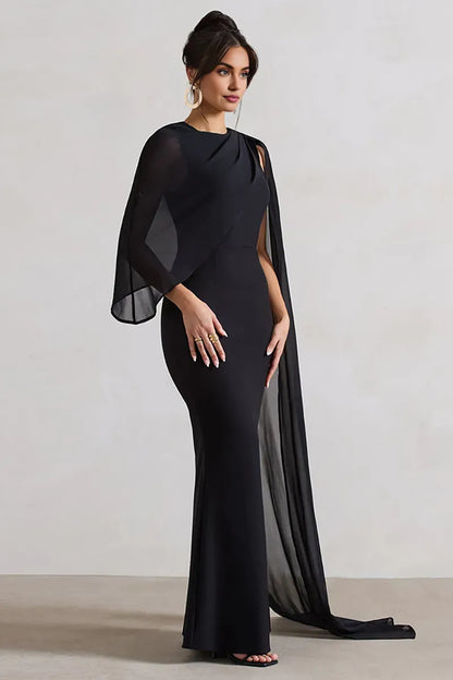 Dress Mesh Patchwork Asymmetrical Caped Sleeve Bodycon Elegant Gowns Maxi Prom Dresses Black