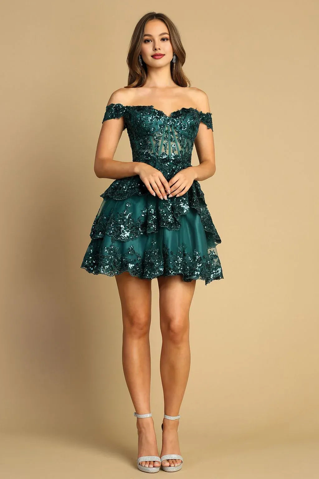 Dress Mini Dress Off-the-Shoulder Sequin Applique Sleeveless Homecoming Dress Tiered Birthday Graduations Dresses