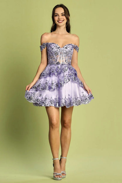 Dress Mini Dress Off-the-Shoulder Sequin Applique Sleeveless Homecoming Dress Tiered Birthday Graduations Dresses