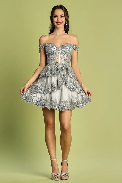 Dress Mini Dress Off-the-Shoulder Sequin Applique Sleeveless Homecoming Dress Tiered Birthday Graduations Dresses
