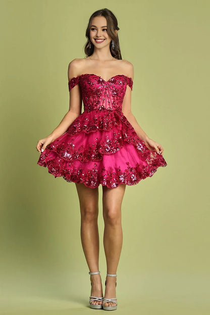 Dress Mini Dress Off-the-Shoulder Sequin Applique Sleeveless Homecoming Dress Tiered Birthday Graduations Dresses