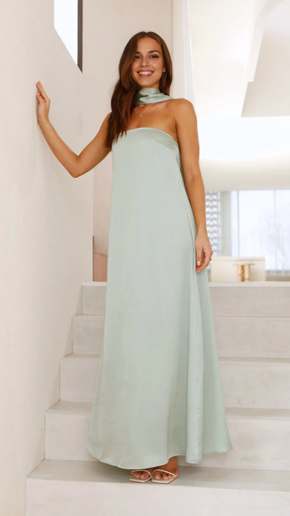Dress Minimalist Strapless Scarf Maxi Dress Yellow Straight Tube Sleeveless Satin Solid Color Prom Dress