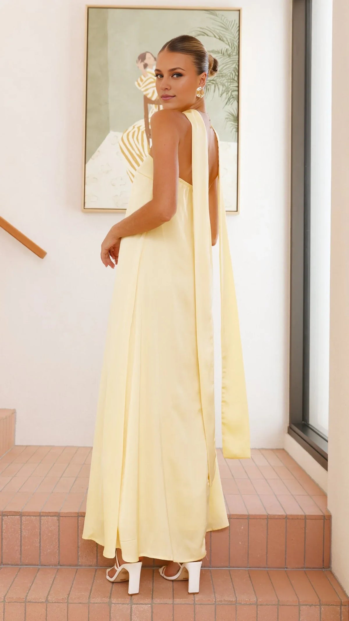 Dress Minimalist Strapless Scarf Maxi Dress Yellow Straight Tube Sleeveless Satin Solid Color Prom Dress