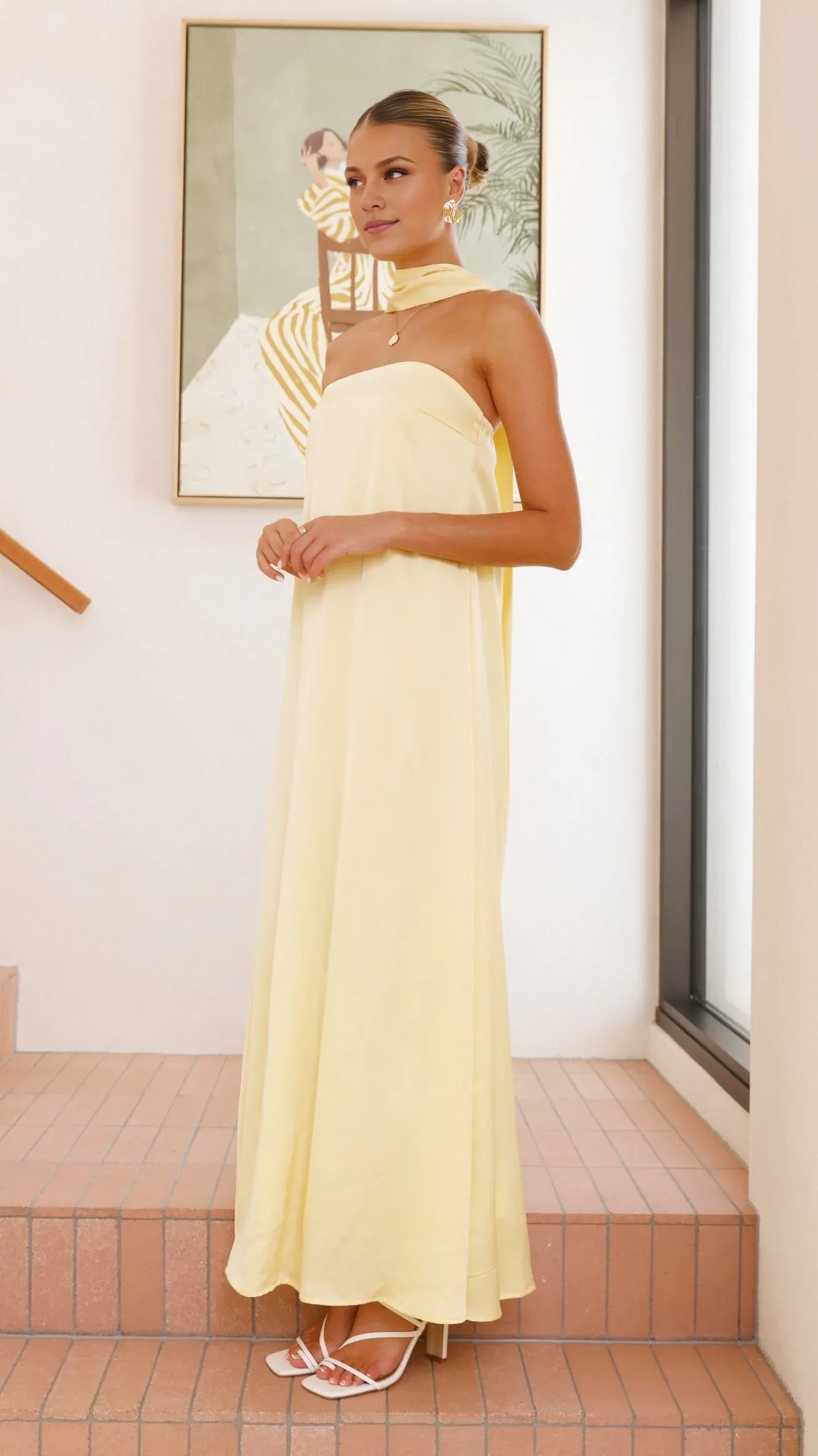 Dress Minimalist Strapless Scarf Maxi Dress Yellow Straight Tube Sleeveless Satin Solid Color Prom Dress