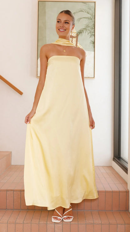 Dress Minimalist Strapless Scarf Maxi Dress Yellow Straight Tube Sleeveless Satin Solid Color Prom Dress