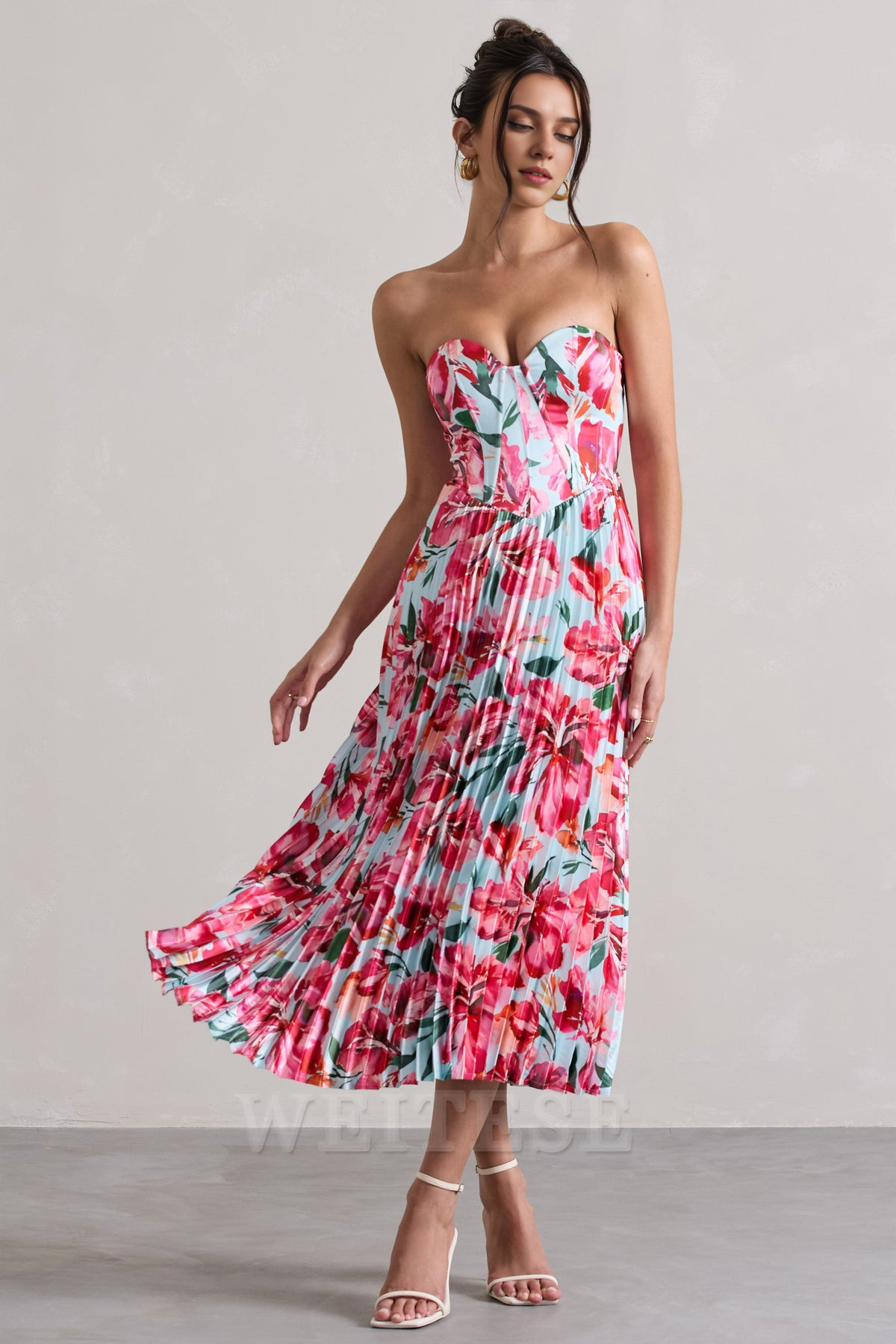 Dress Cream Floral Print Satin Corset Style Midi Dress Prom Dress Sweetheart A-line Fairy-Tale Lace Up Bridesmaid Dress