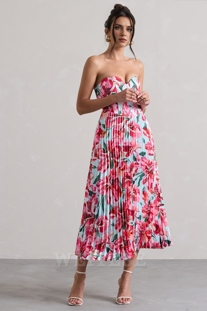 Dress Cream Floral Print Satin Corset Style Midi Dress Prom Dress Sweetheart A-line Fairy-Tale Lace Up Bridesmaid Dress