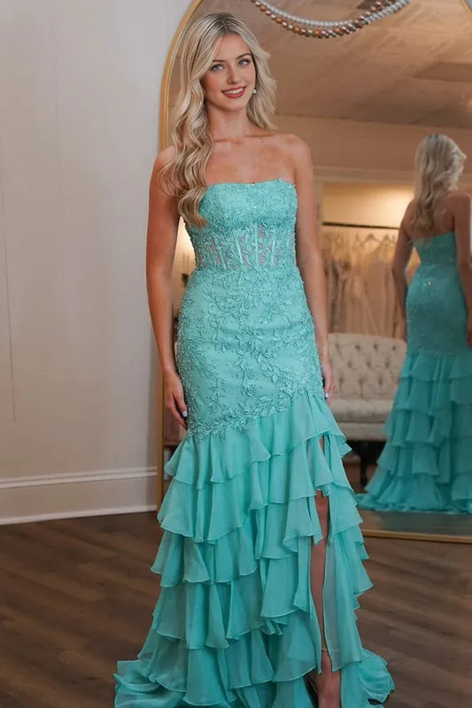 Dress Mint Green Mermaid Strapless Lace Top Maxi Dress Prom Dress With Tiered