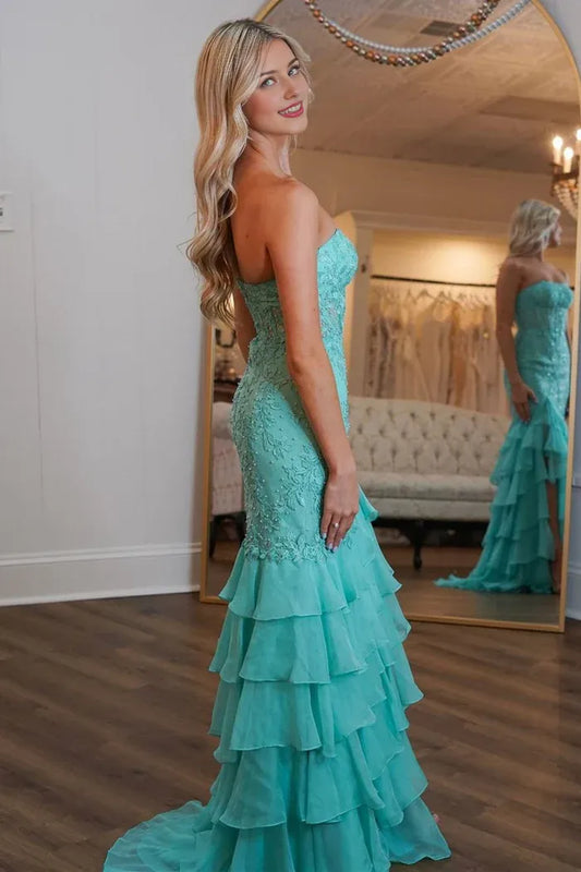 Dress Mint Green Mermaid Strapless Lace Top Maxi Dress Prom Dress With Tiered