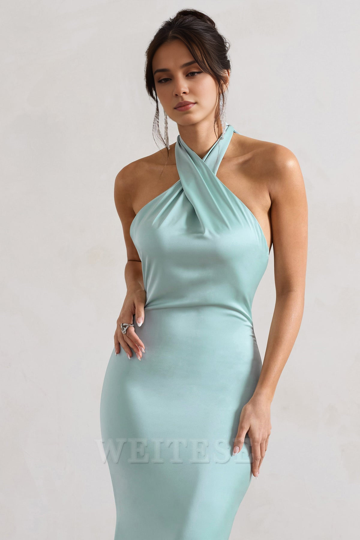 Dress Mint Green Satin Cross Over Halter-Neck Maxi Dress Prom Dress Low Backless Sleeveless Floor Length Bridesmaid Dress