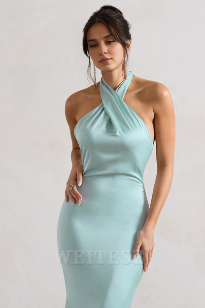 Dress Mint Green Satin Cross Over Halter-Neck Maxi Dress Prom Dress Low Backless Sleeveless Floor Length Bridesmaid Dress