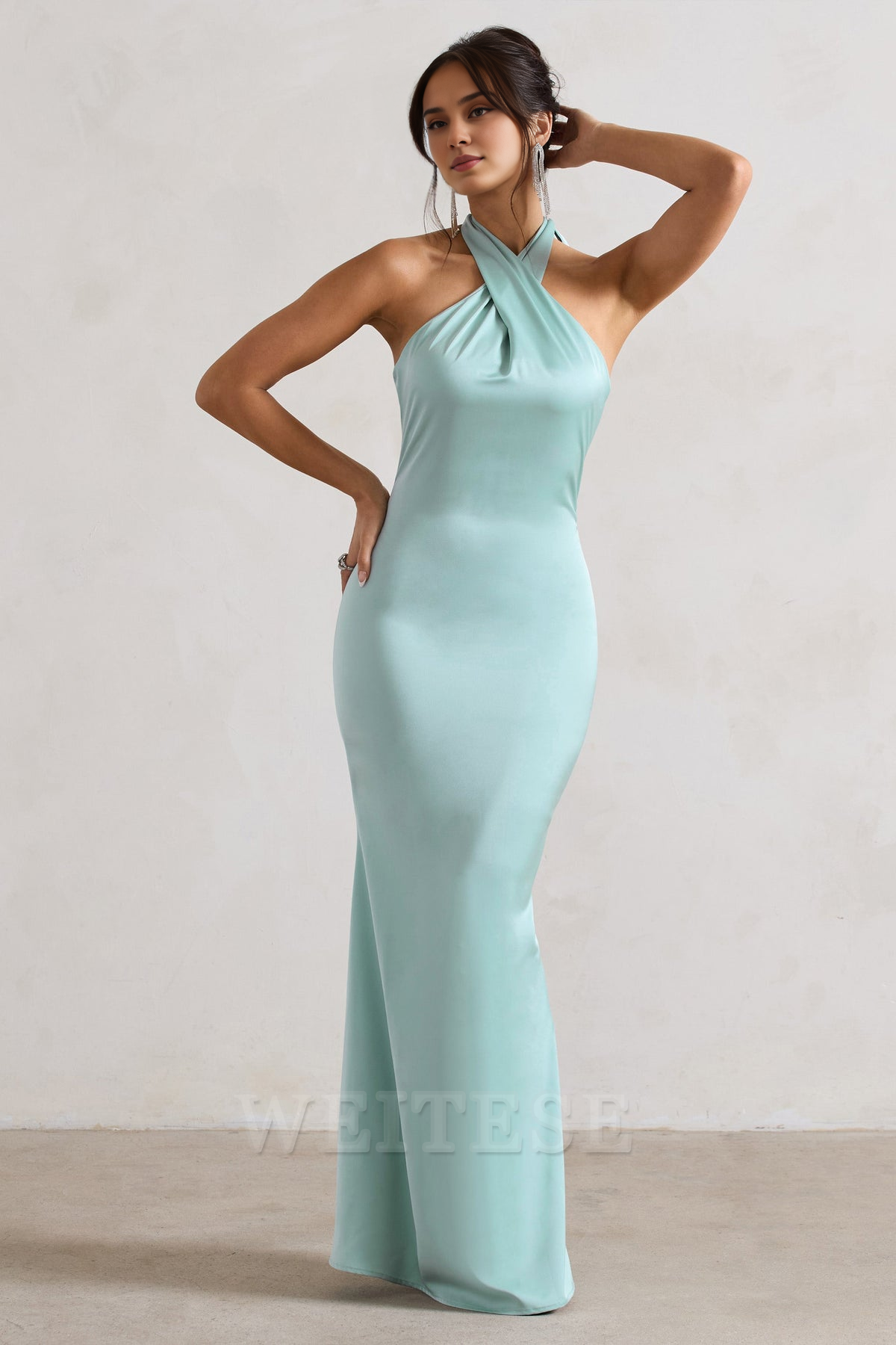 Dress Mint Green Satin Cross Over Halter-Neck Maxi Dress Prom Dress Low Backless Sleeveless Floor Length Bridesmaid Dress
