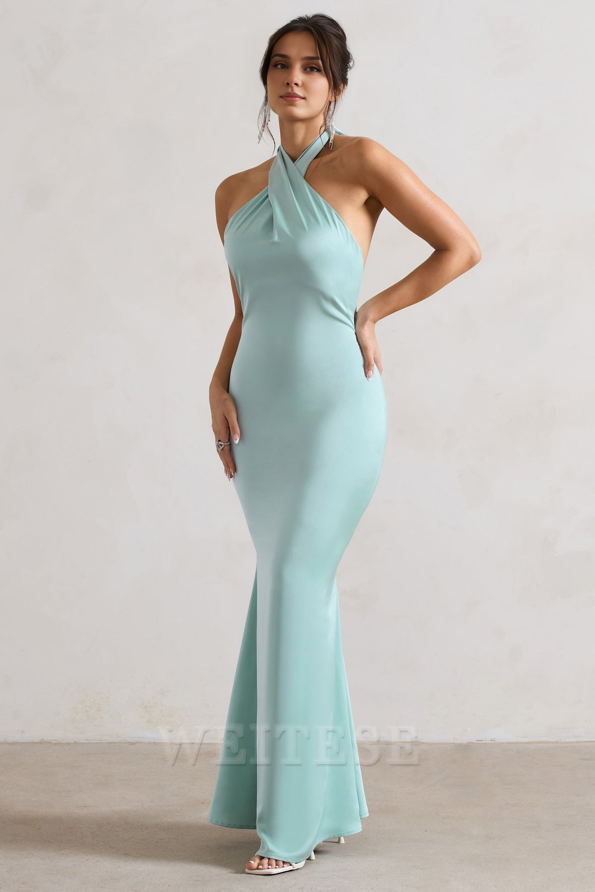 Dress Mint Green Satin Cross Over Halter-Neck Maxi Dress Prom Dress Low Backless Sleeveless Floor Length Bridesmaid Dress