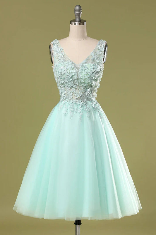Dress Mint Green V Neck Sleeveless Short Homecoming Dress Appliques A-Line Party Dress