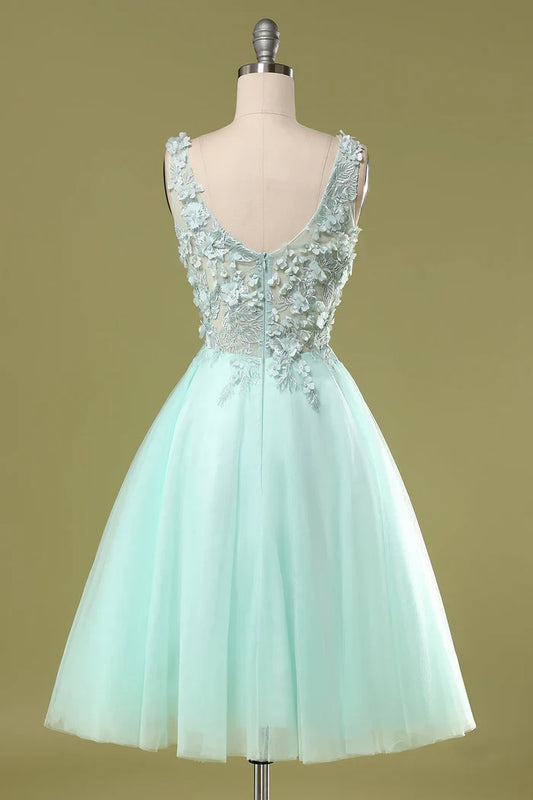 Dress Mint Green V Neck Sleeveless Short Homecoming Dress Appliques A-Line Party Dress