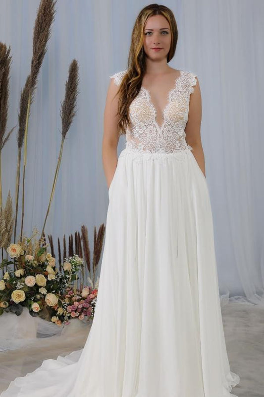 Dress Modern Backless Chiffon Wide Straps Deep V-neck Wedding Dress With Appliques Lace