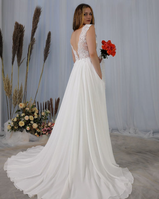 Dress Modern Backless Chiffon Wide Straps Deep V-neck Wedding Dress With Appliques Lace