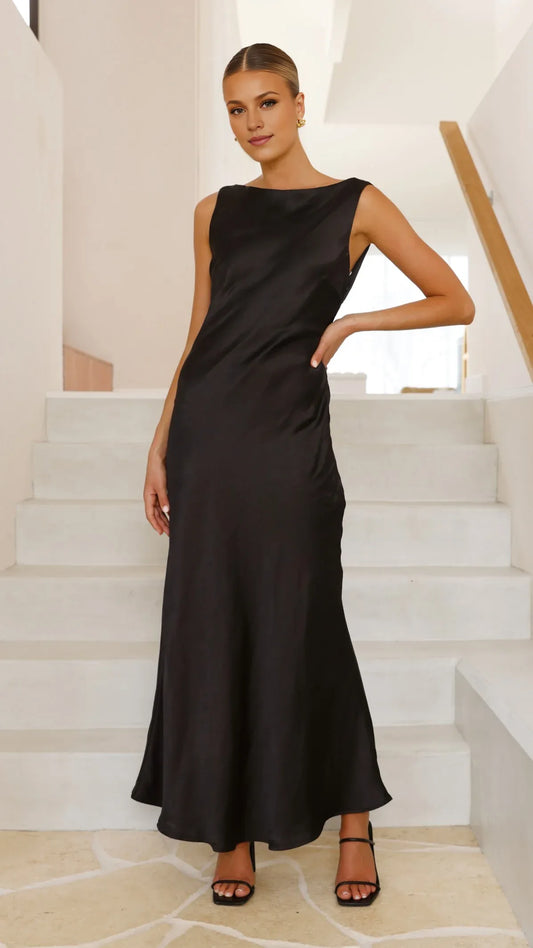 Dress Modern Boat Neck Maxi Dress Black Mermaid Sleeveless Solid Color Sheath Low Open Back Prom Dress