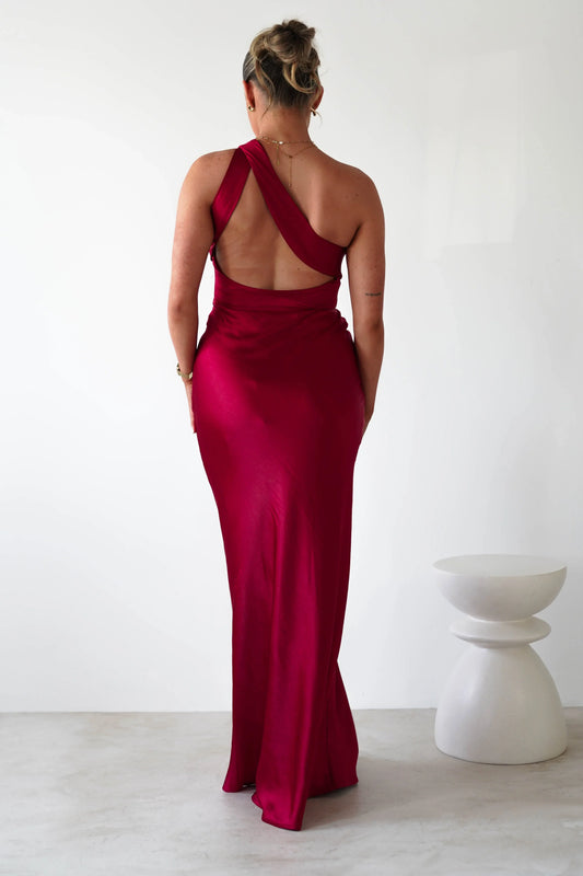 Dress Modern Burgundy Satin One Shoulder Ruched Bodice Maxi Dress Floor Length Hem Prom Dress