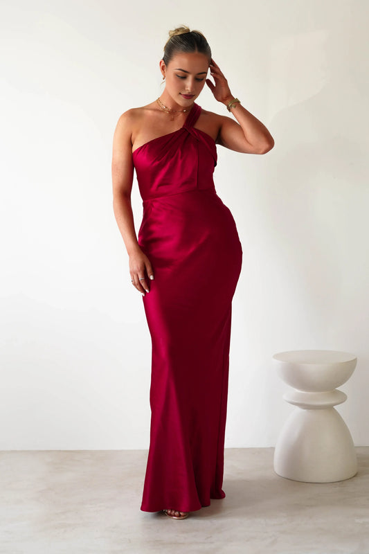 Dress Modern Burgundy Satin One Shoulder Ruched Bodice Maxi Dress Floor Length Hem Prom Dress