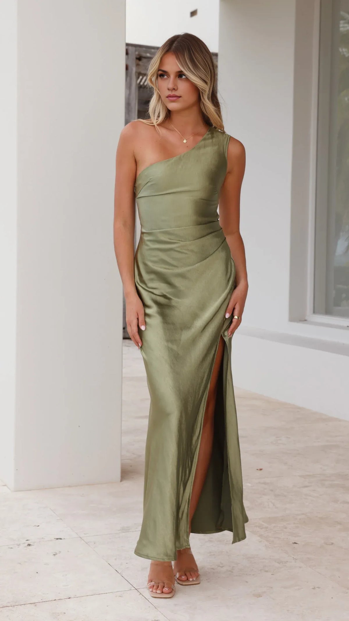 Dress Modern One Shoulder Maxi Dress Lilac Sheath Sleeveless Solid Color Side Leg Split Prom Dress