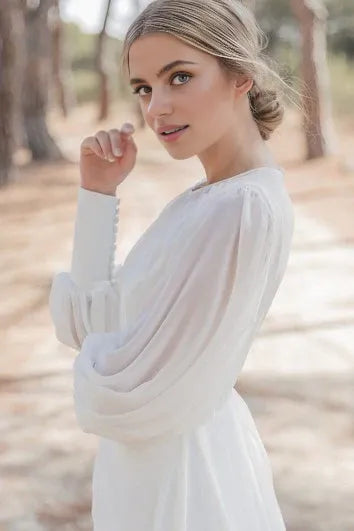Dress Modest A Line Chiffon High Neck Chapel Train Bride Dress With Ruching Wedding Dress