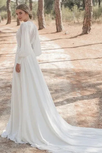 Dress Modest A Line Chiffon High Neck Chapel Train Bride Dress With Ruching Wedding Dress