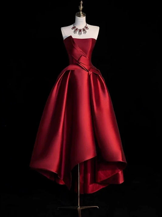 Dress Modest Ball Gown Strapless Burgundy Satin High Low Evening Dress Prom Dresses/No Jewelry