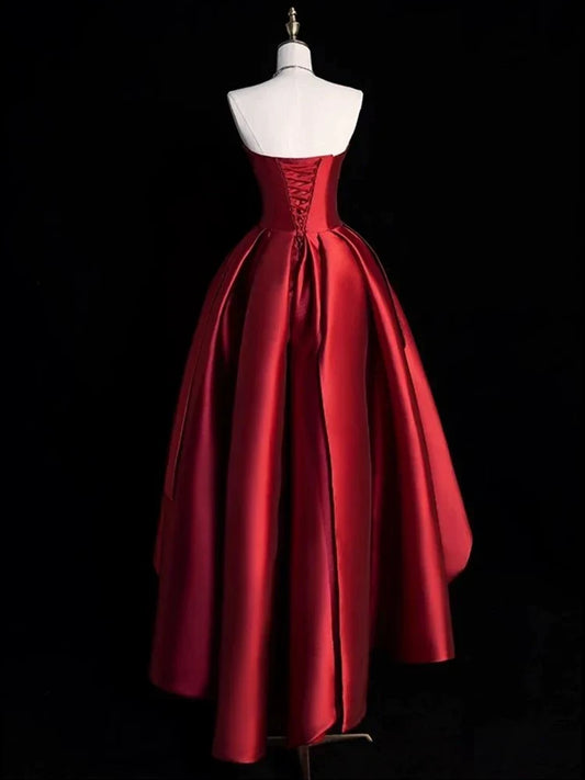 Dress Modest Ball Gown Strapless Burgundy Satin High Low Evening Dress Prom Dresses/No Jewelry