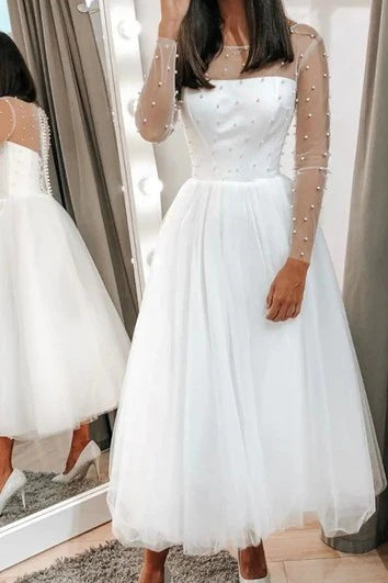 Dress Modest Bateau Neck A Line Tea-length Long Sleeve Wedding Dress With Beading Wedding Dress