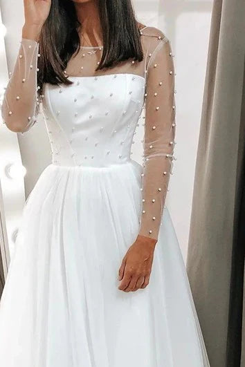 Dress Modest Bateau Neck A Line Tea-length Long Sleeve Wedding Dress With Beading Wedding Dress