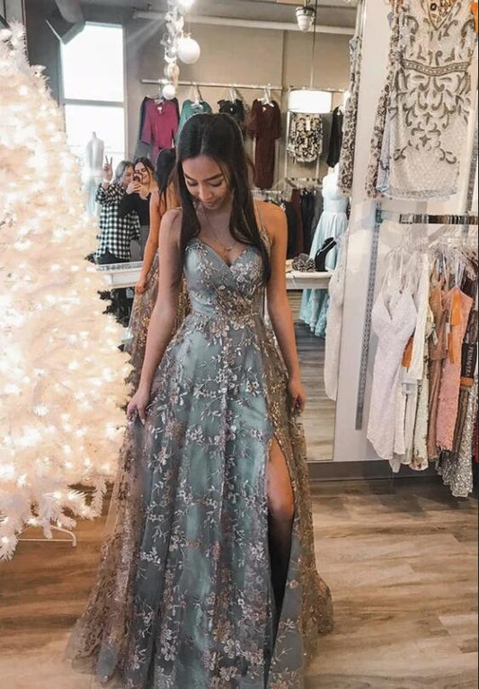 Dress Modest Long A-line V-neck Open Back Tulle Prom Dress With Slit