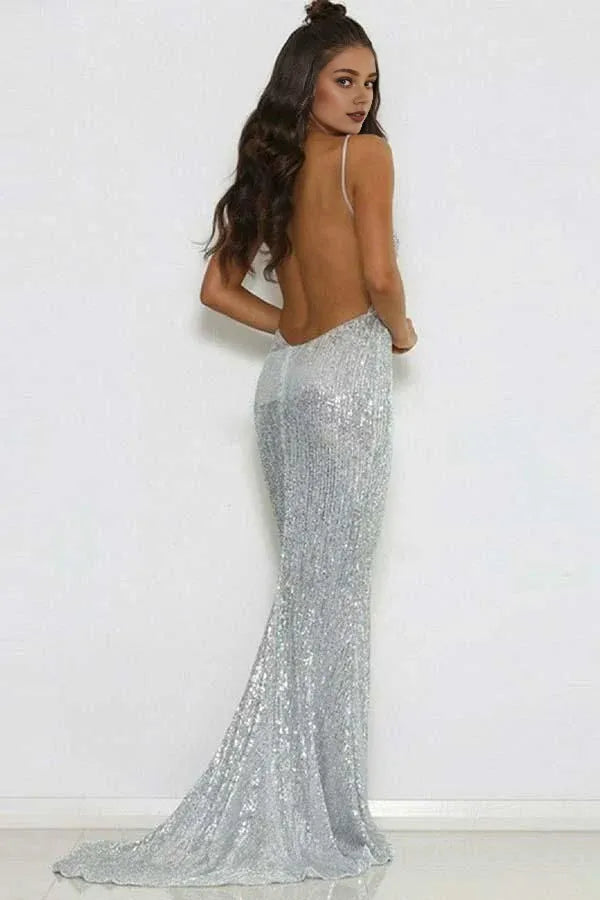Dress Modest Long Mermaid V-neck Sequined Open Back Prom Dress