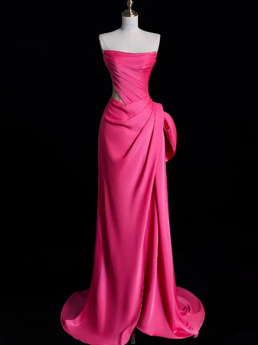 Dress Modest Mermaid Strapless Pink Satin Party Dress Long Prom Dress Evening Dresses
