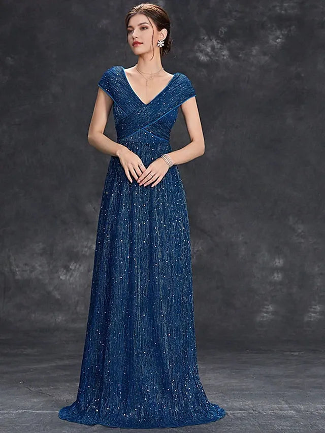 Dress Mother of the Bride Dress Elegant Party V Neck Floor Length Chiffon Short Sleeve With Sequin Evening Dress