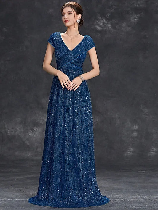 Dress Mother of the Bride Dress Elegant Party V Neck Floor Length Chiffon Short Sleeve With Sequin Evening Dress
